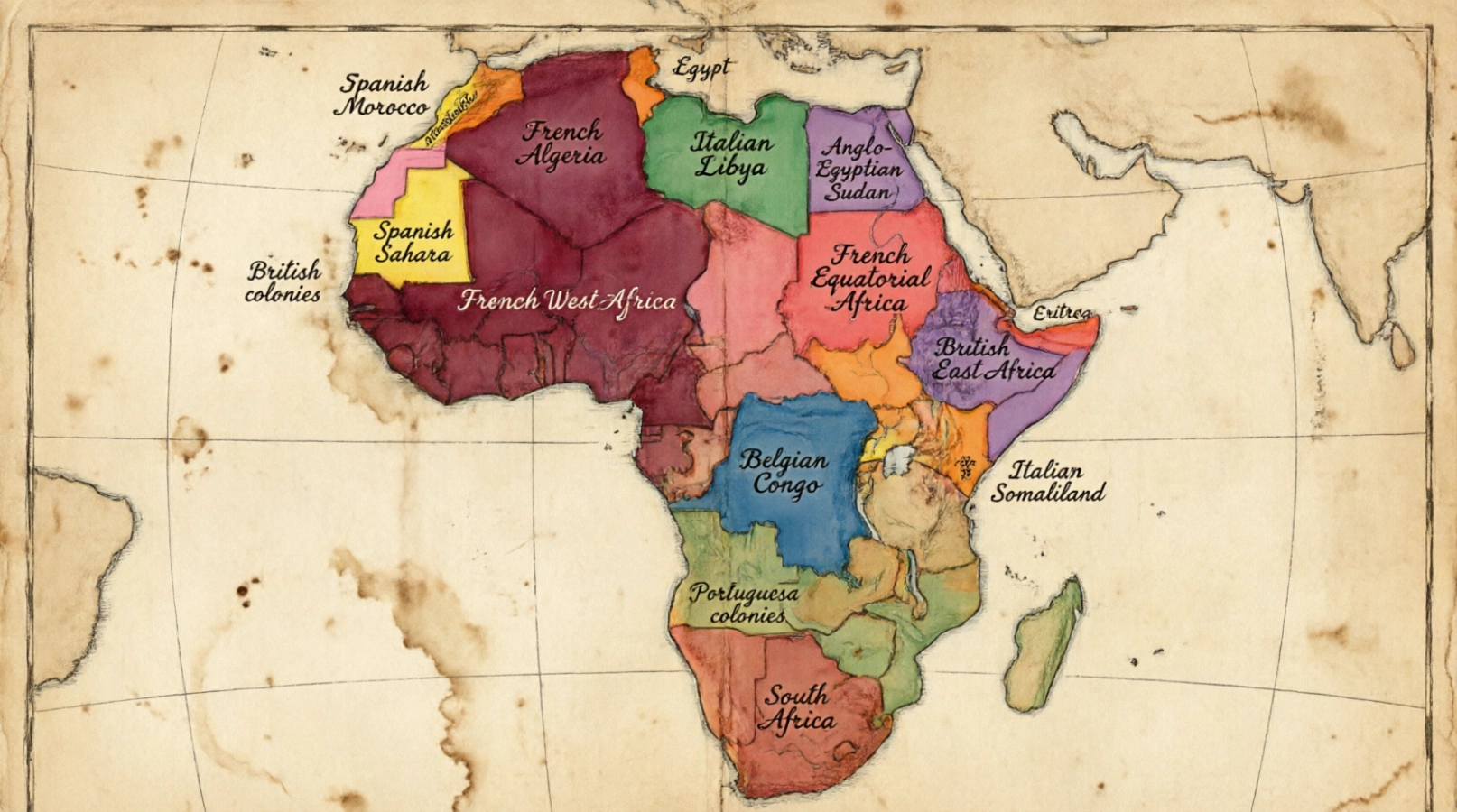 Carte de l'Afrique-Occidentale française (AOF) et de l'Afrique-Équatoriale française (AEF), territoires dans lesquels Louis Tècle Courbain a exercé comme magistrat colonial